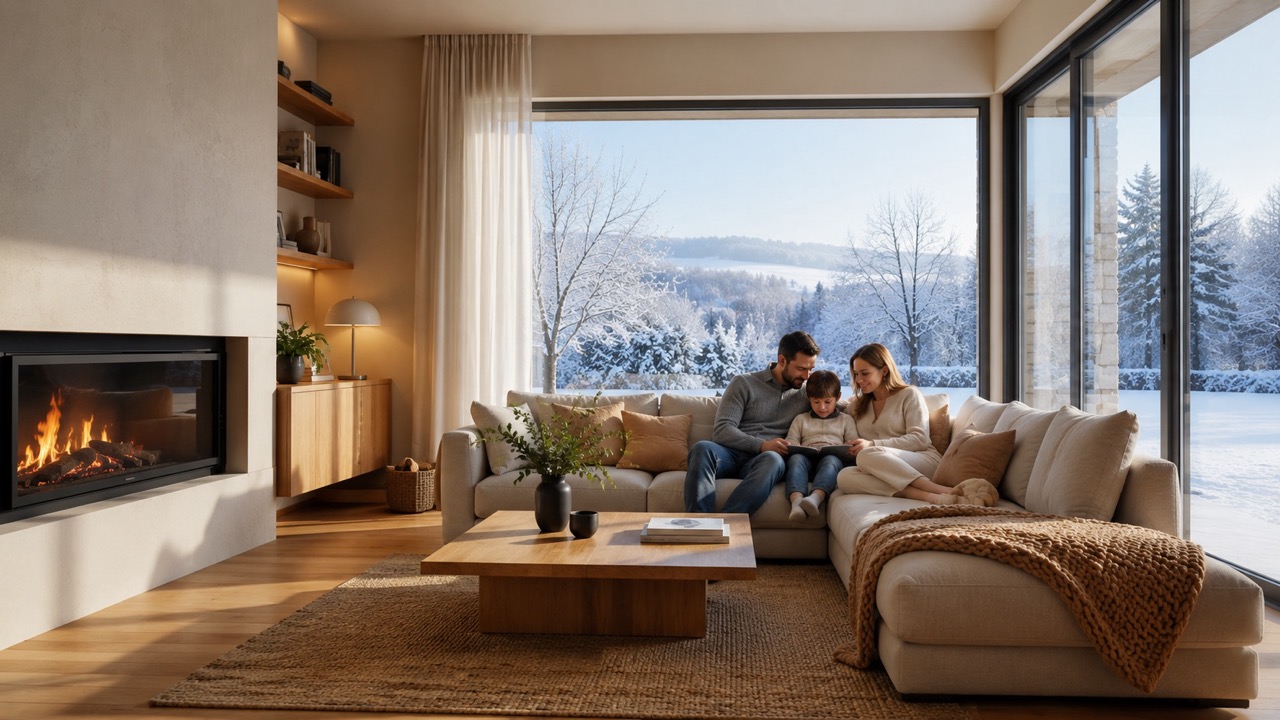 Familia en salón en pleno invierno