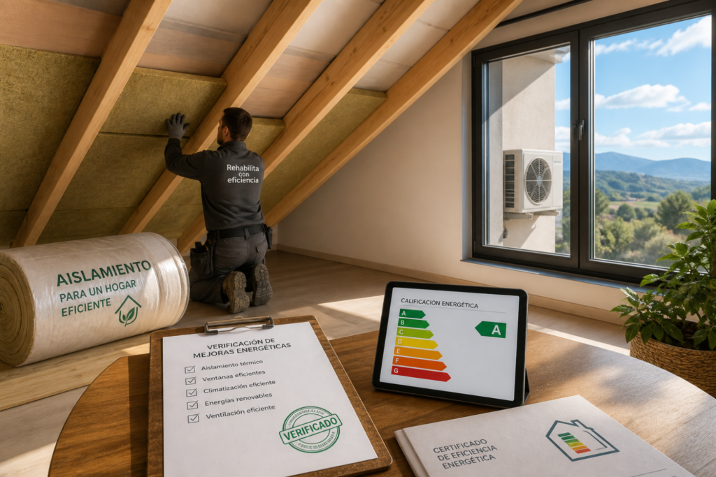 Técnico instalando aislamiento en buhardilla; en mesa, checklist verificado, tablet con calificación energética A y certificado de eficiencia energética