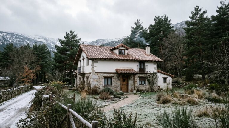 Casa unifamiliar de piedra y teja en un pueblo de la Sierra de Guadarrama en una mañana de invierno con escarcha