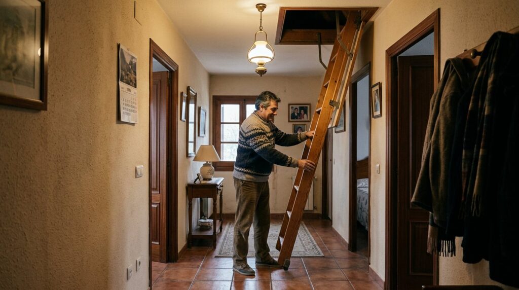 Propietario bajando la escalera plegable de la trampilla de la buhardilla en el pasillo de su casa